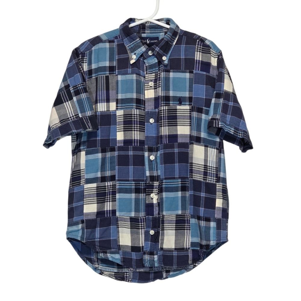 Ralph Lauren Boys Patchwork Plaid Button Down Shirt Size 6 Blue Preppy Americana